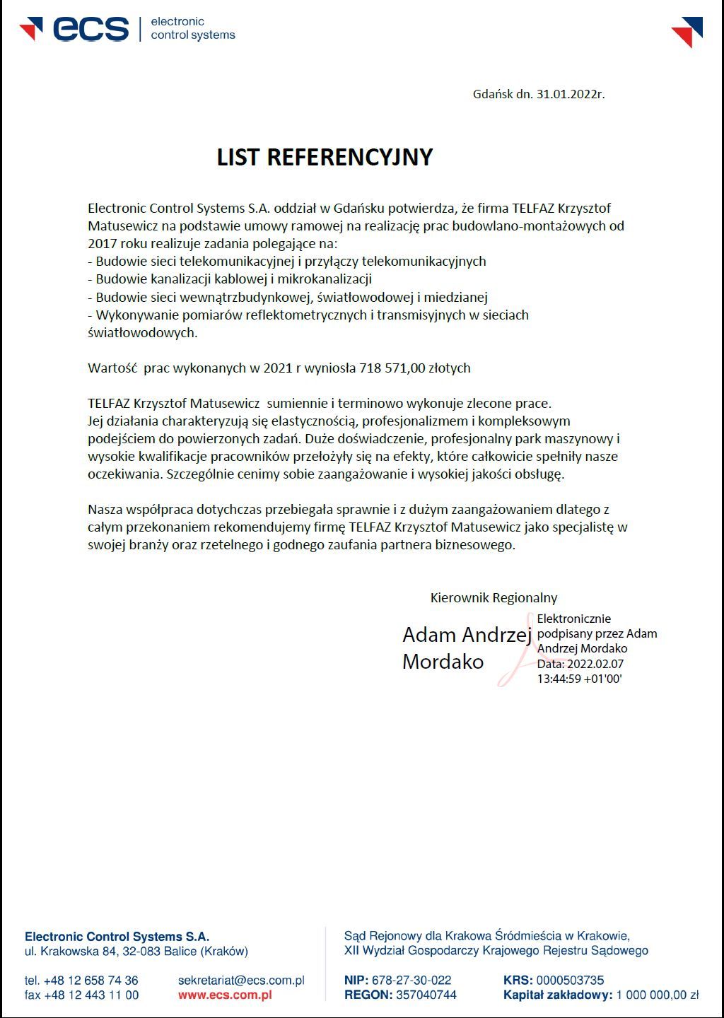 List referencyjny — ECS